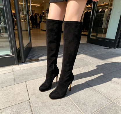 Women's Black Suede Knee High Boots, Platform Stiletto Heel Tall Boots, Elegant Pointed Toe Winter Dress Boots, Luxury Designer