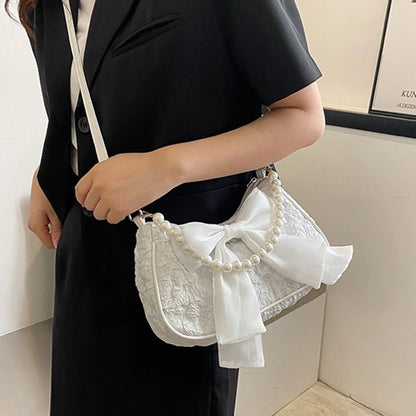 White Folds Pearl Female Bag Retro Luxury Designer Handbag Bow Crossbody Bags Fashion Y2K Vintage Women's Shoulder Bag Purses