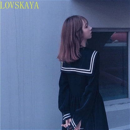 Bow splicing loose A-line fashionable knee length cute empire preparatory style Japanese full set black school uniform