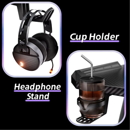 FRODROVIA Gaming Desk with APP RGB LED Lights, Carbon Fiber Surface Gaming Computer Desk with Removable Monitor Riser, Cup Holder & Headphone Hook, Screw‑Type Adjustable Leveling Feet for Gaming Room Home Office