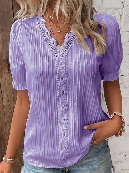 Elegant Women Blouse Shirt V Neck Lace Patchwork Short Sleeve Shirts For Women Summer Lady Tops
