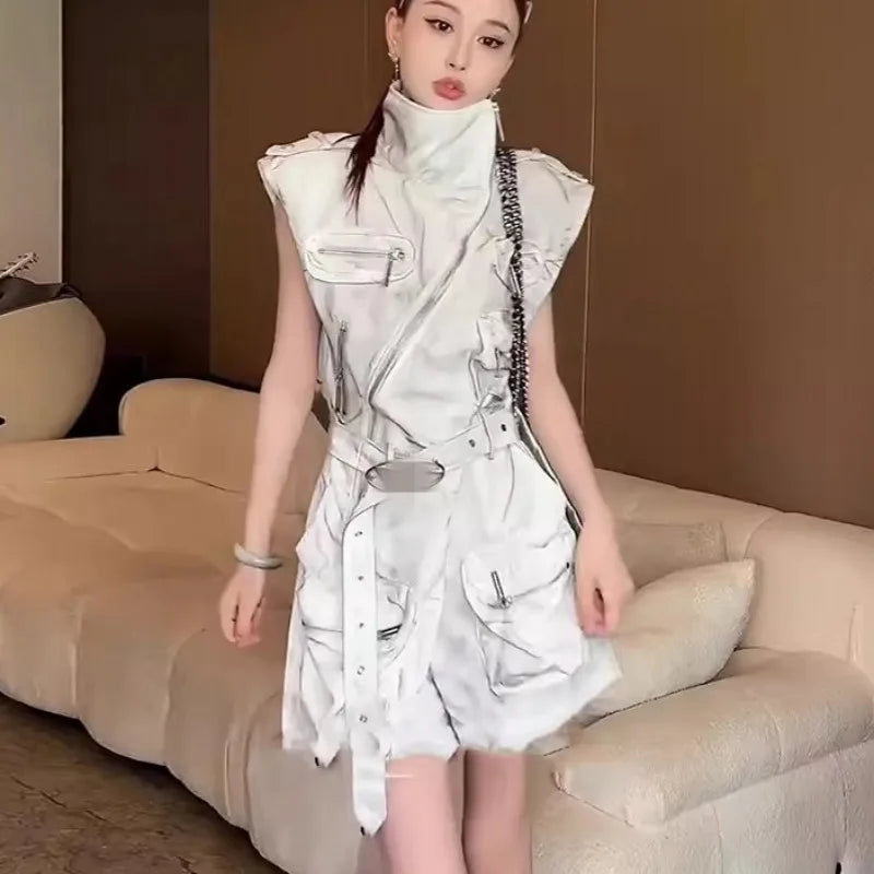 High Street Women Playsuits Sleeveless High Waist Zip Stand Collar Summer Fashion Casual Multiple Pockets Cargo Rompers Female