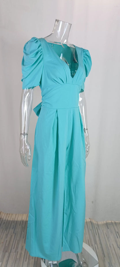 Summer Women's Slim Short Puff Sleeve V-neck Wide Leg Long Jumpsuit Elegant High Waist Ruched  Pocketed Solid color jumpsuits