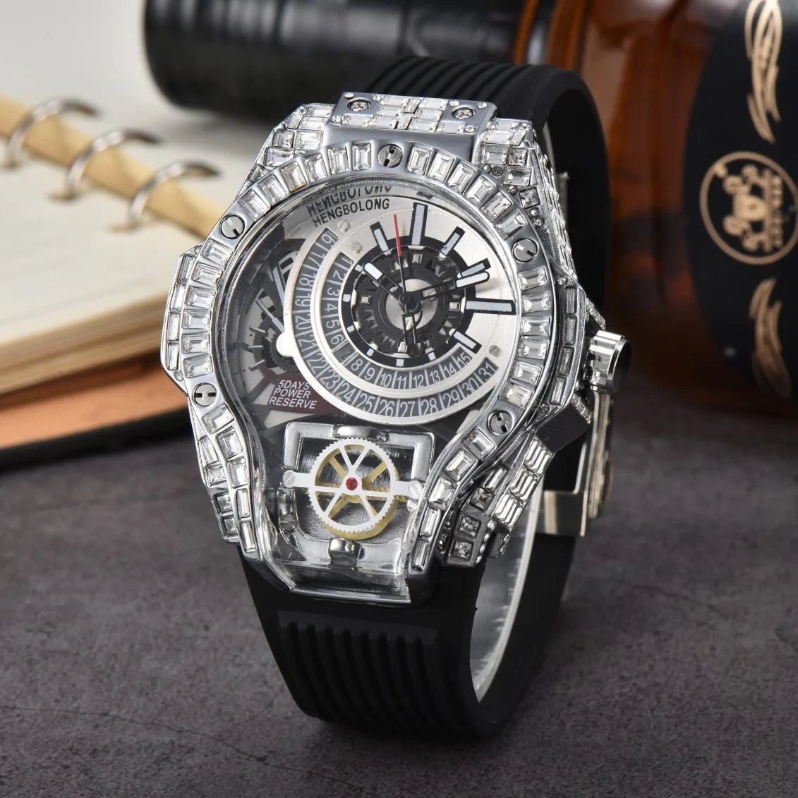 Business Full Diamond Case Luxury Top Mens Watches Rubber Strap Color Creative Decorative Quartz Watch Men AAA Clocks Relogio