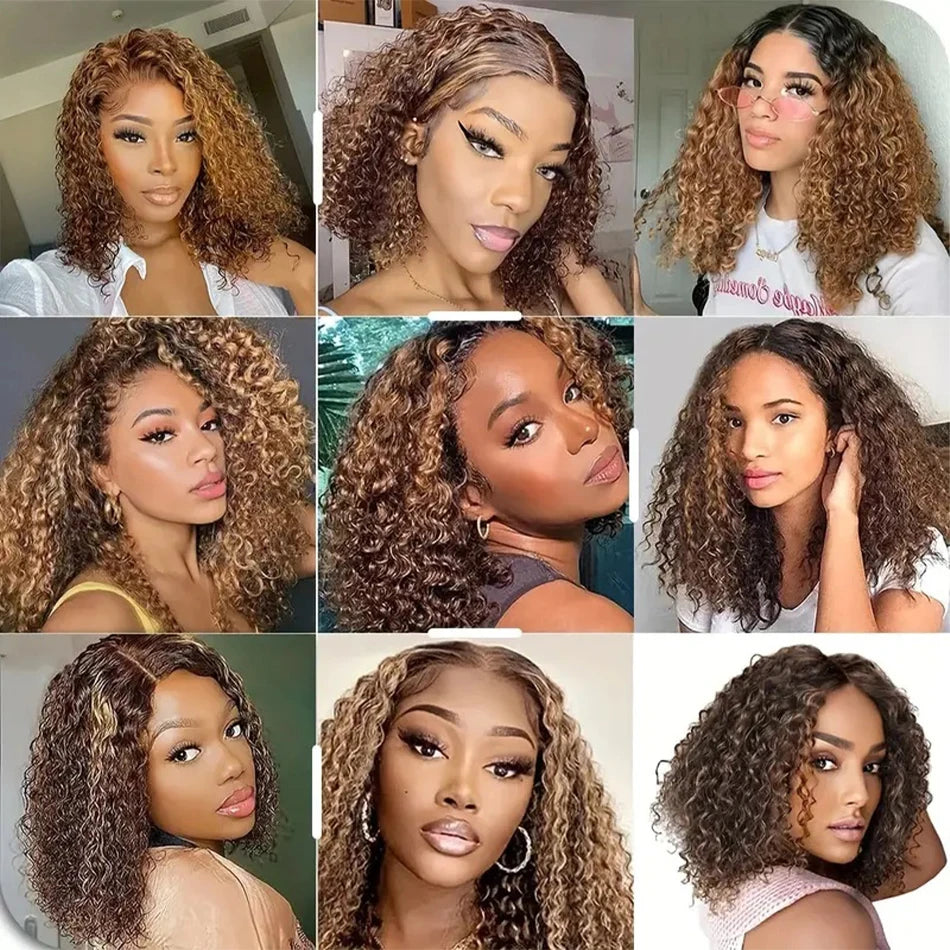 4/27 Highlight Short Bob Deep Water Wave 13x4 Lace Front Wigs 100% Human Hair Honey Blonde Ombre Colored Curly Lace Frontal Wig