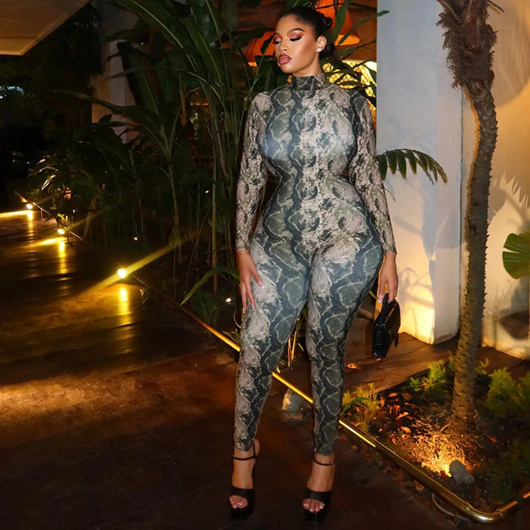 FLARORA Vintage Serpentine Printing Jumpsuits Woman Trend Turtleneck Full Sleeve Skinny Peach Hip Night Party Clubwear Overalls