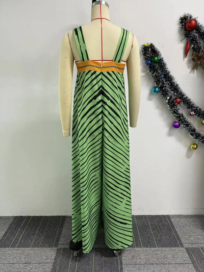 Jumpsuits Women Sling One Piece Print Striped Sleeveless Overalls Wide Leg Long Pants Loose Casual Rompers Elegant Splice