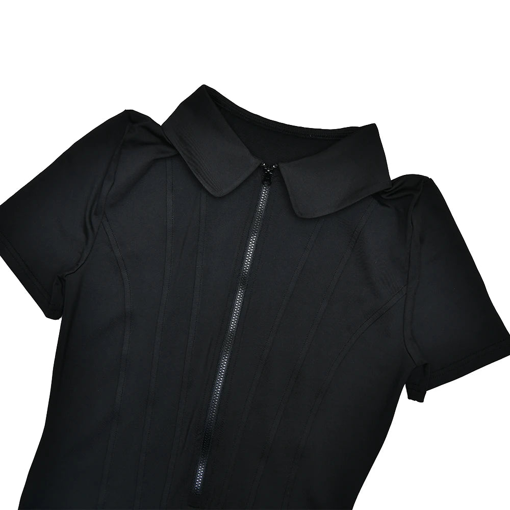 Sibybo Polo Collar Zipper Women Jumpsuits Set Short Sleeve High Elastic Rompers Ruched Bodycon Skirt Spring Casual Matching Sets