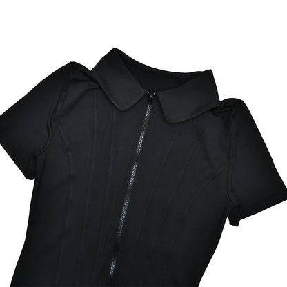 Sibybo Polo Collar Zipper Women Jumpsuits Set Short Sleeve High Elastic Rompers Ruched Bodycon Skirt Spring Casual Matching Sets