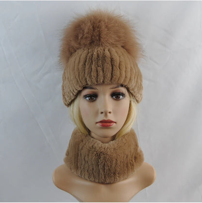 New Winter Lady Brand Hand Make Real Genuine Fox Fur Hat Scarf Girls Natural Real Rex Rabbit Fur Ring Cap Real Fur Scarves Hats