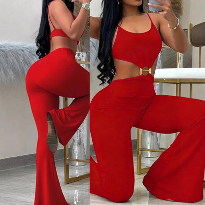 Summer Woman Jumpsuit Red Backless Jumpsuits High Waist Flared Leg Women's Elegant Romper Black Cut Out Waist Long Jumpsuit
