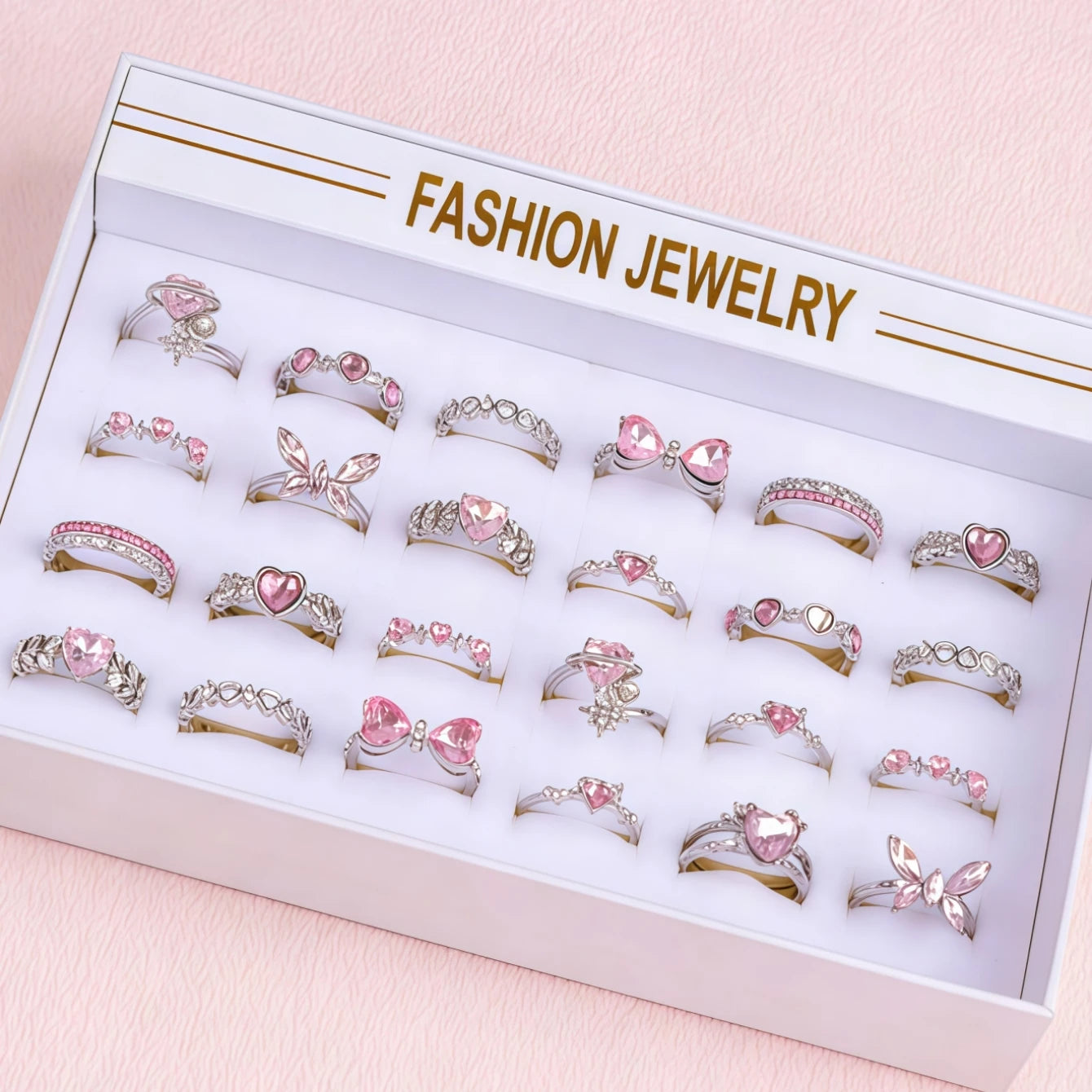 10Pieces Fashion Pink Rhineston Rings Set For Women Mix Style Butterfly Heart Love Open Adjustion Daily Jewelry Party Gifts