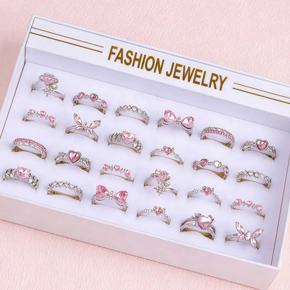 10Pieces Fashion Pink Rhineston Rings Set For Women Mix Style Butterfly Heart Love Open Adjustion Daily Jewelry Party Gifts