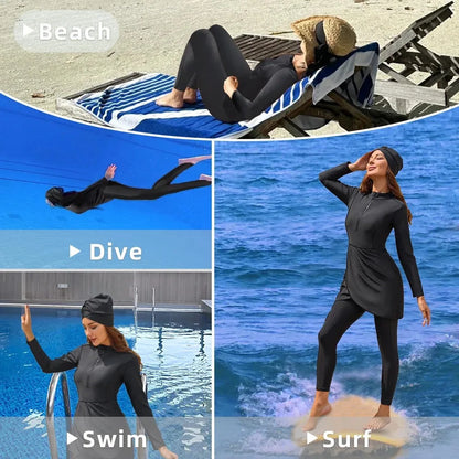 3PCS/Set Muslim Modest Burkini Swimwear Women Long Sleeves Swimsuit Islamic Bathing Suit Swim Hijab Pant, Quick Drying, UPF50+