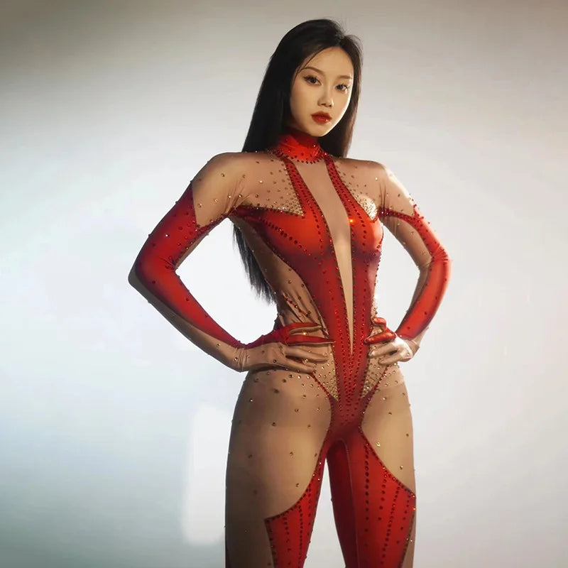 Sexy Full Diamond Long Sleeved Jumpsuit Ballroom Pole Dancer Performance Outfit Fashionable Club Suit Women's Photography