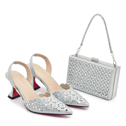 New Design Nigerian Women Shoes and Bag Set Decorated with Rhinestone in Italy African Party Luxury Heel Shoes Pumps with Heels