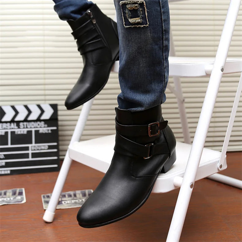 Leather Chelsea Boots Men Designer 2024 White Dress Boots Men Casual High top Buckle Strap Formal Shoes Men Motorcycle Boots