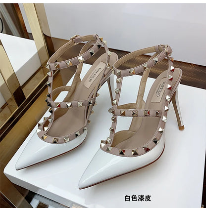 Women's Gladiator sandals Summer 2026 Luxury With Ankle Strap Pointed Toe Fashion Rivet High Heels Party Ladies Shoes Women 10cm