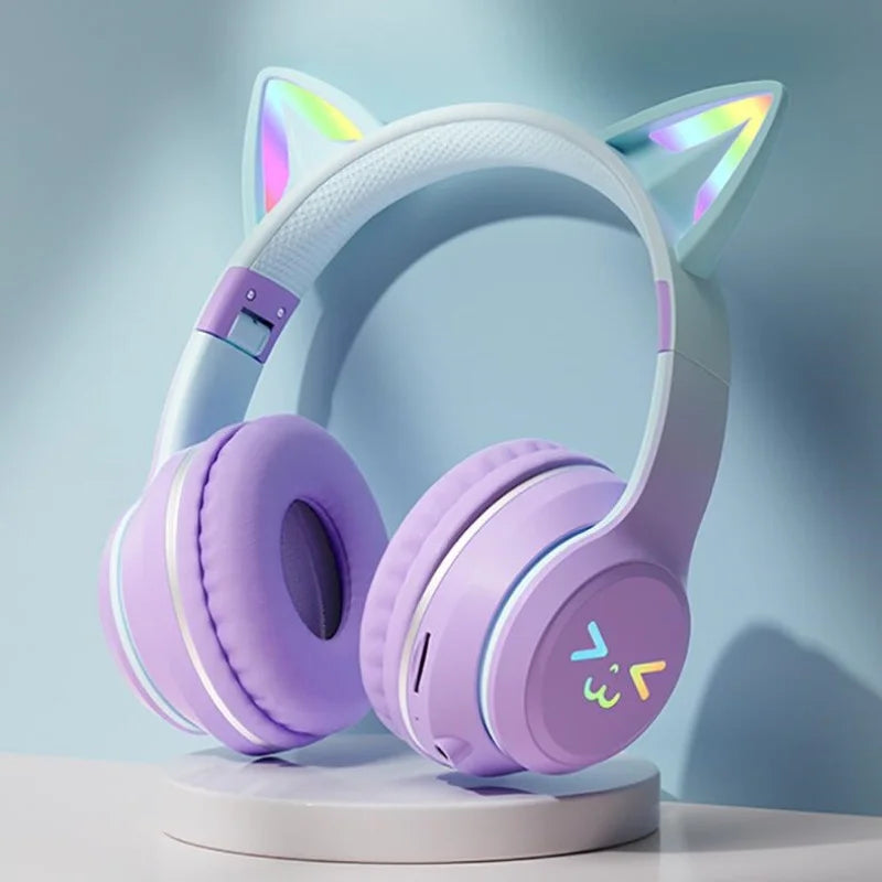 GRB Glow Gaming Headset Gamer Stereo Bass Cat Ear Wireless Earpods Bluetooth Earphones TYPE-C Cable Headphones Blutooth Handfree