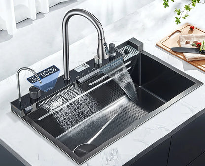 Stainless Steel Kitchen Sink with Faucet Digital Display Large Single Bowl Waterfall Rain 5 Functions System Dish Basin Sink