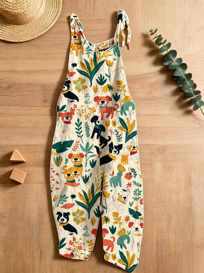 Cute Puppy Print Women's Jumpsuit, Breathable Cotton-Like Jumpsuit
