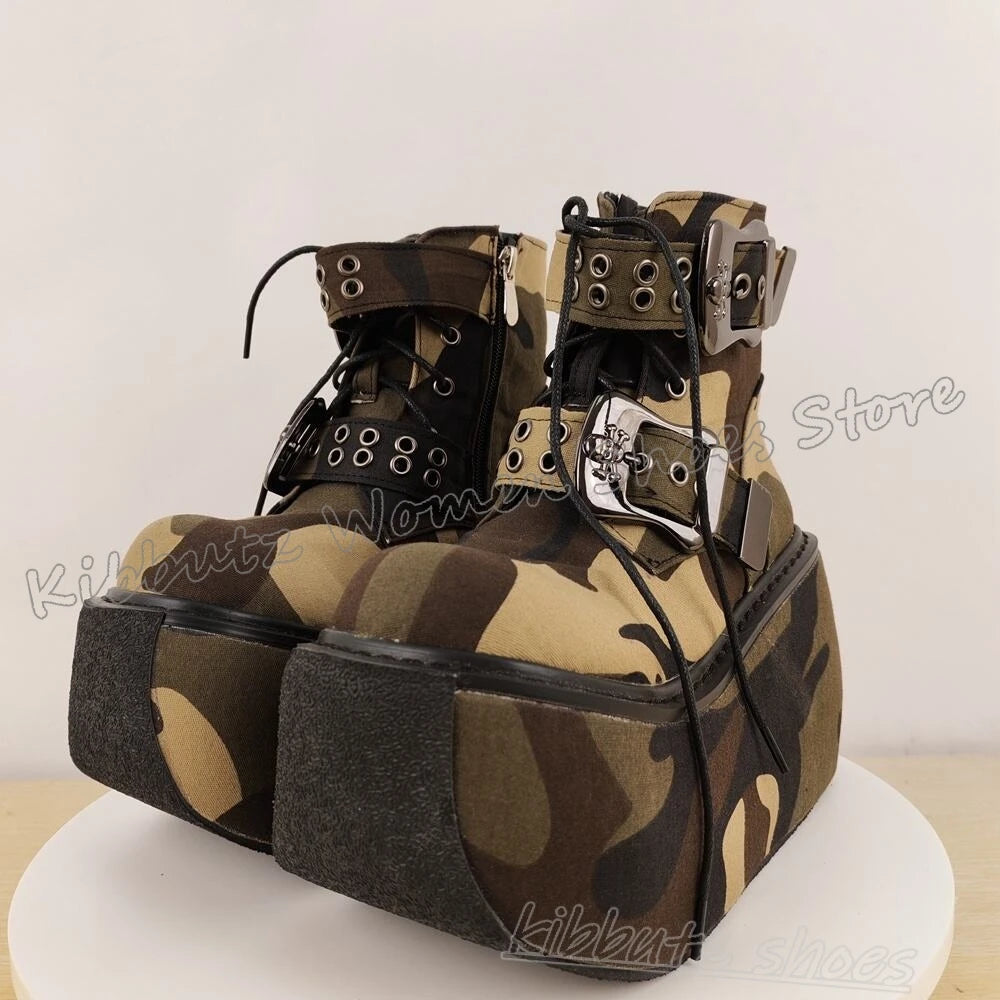 Belt Buckle Ankle Boot Platform Lace-Up Mixed Color Fashion Luxury Elegant Concise Sexy Novelty Shoes Round Toe Thick Bottom New