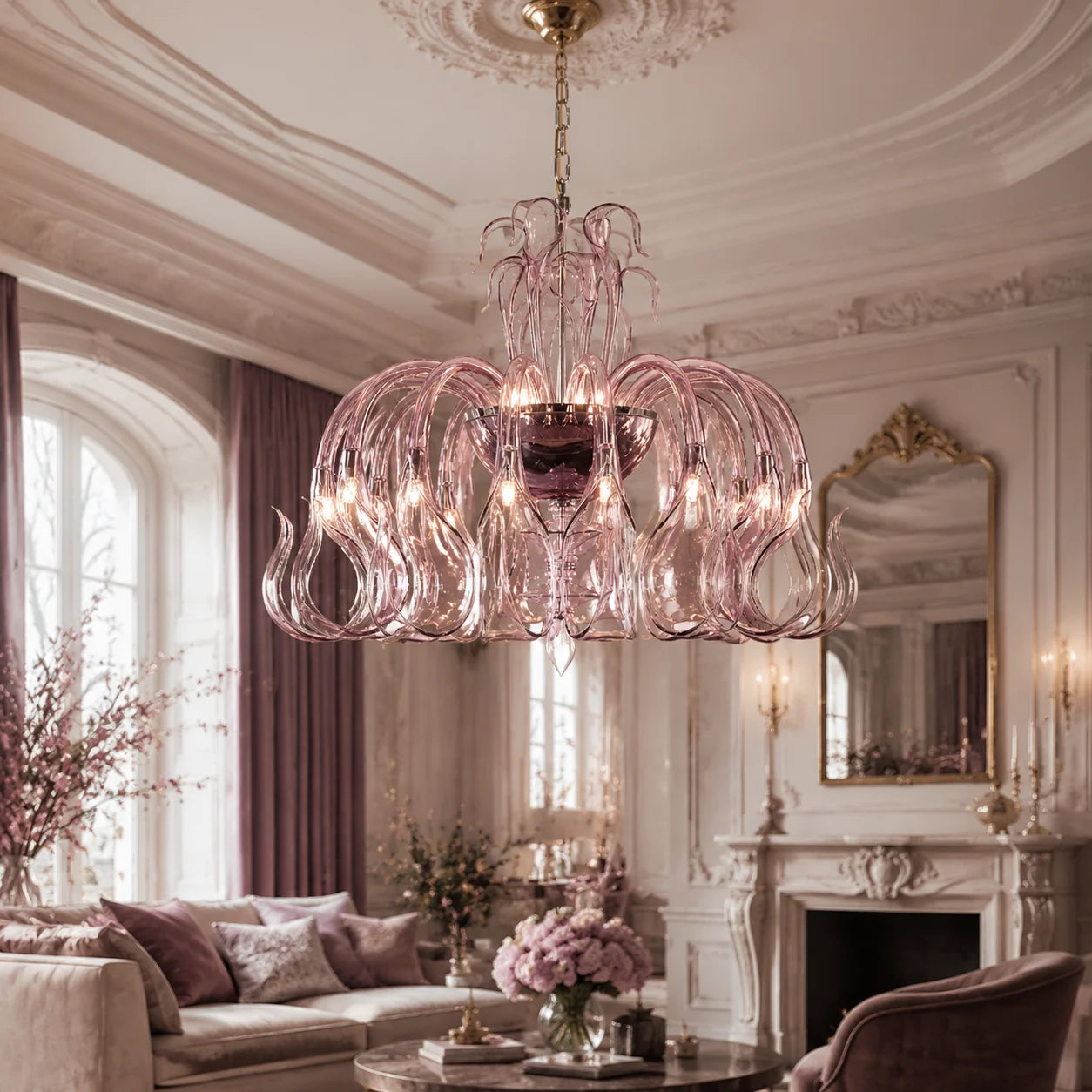 Pink Glass Swan Chandelier Luxury French Style LED Pendant Light for Living Room Bedroom Dining Room Home Decor