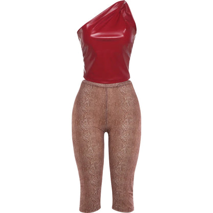 Sisterlinda Summer Hipster 2-Piece Set Women Slanted Shoulder Pu Tank Top+Calf Shorts Matching Stretch Skinny Clubwear Outfits