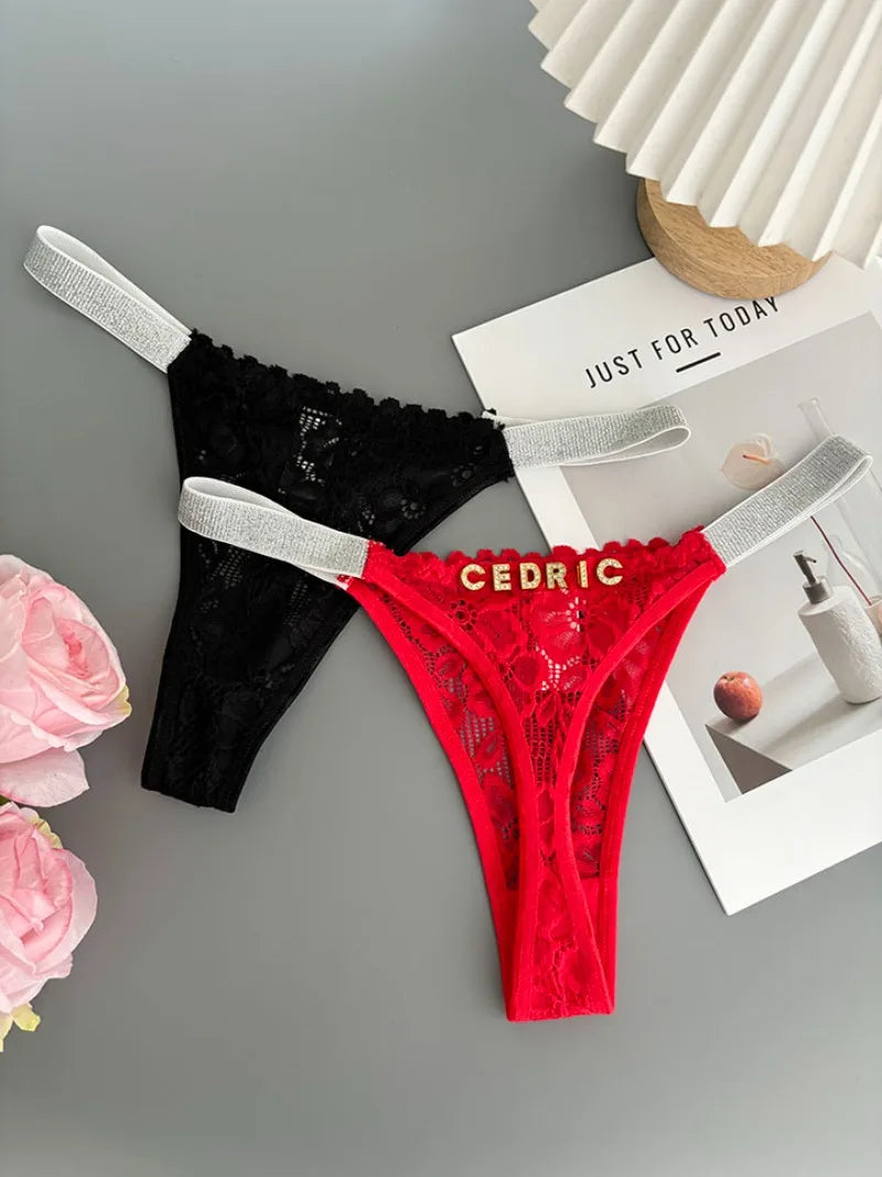 Custom Thong Letter Name G-String Sexy Lace Panties Women Flash Silver Belt Fashion Knickers Girlfriend Hot Wife Holiday Gift