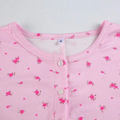 Pajamas Onesies Women's Sexy Bodysuit Casual Flower Print V-neck Front Button Long Sleeve Slim Fit Jumpsuit Sleepwear