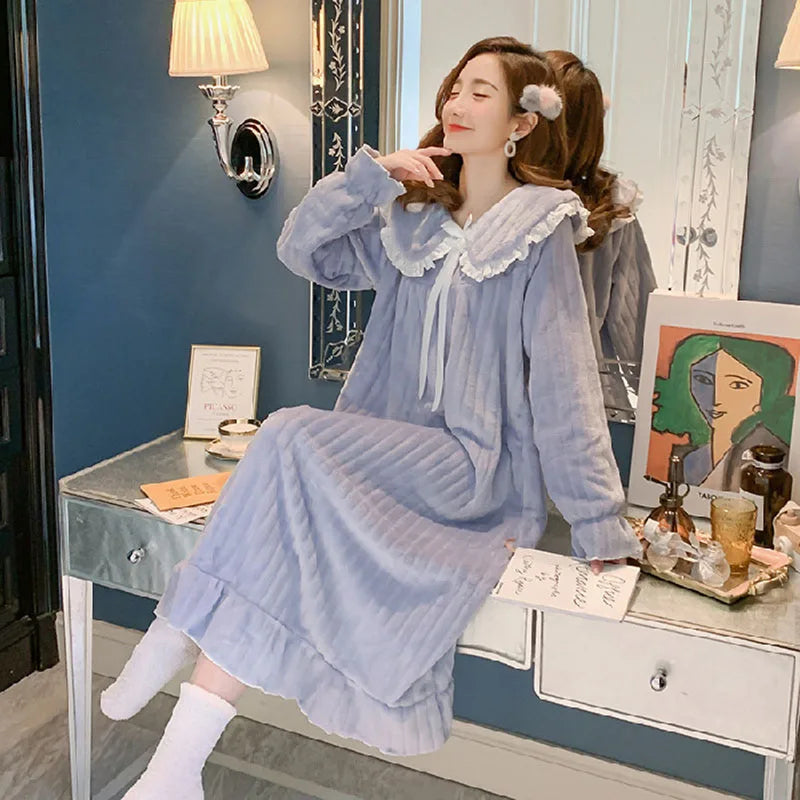 Womens Nightwear Nightdress Flannel Thickened Solid Colour Nightgown Doll Collar Student Warm Coral Velvet Ruffle Dress Robes Se