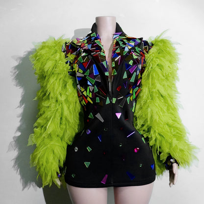 Blue Cowboy Mirror Jacket Women Shiny Stage Performance Costume Party Dance Nightclub Rave Singer DJ Hip Hop Dance Outfit