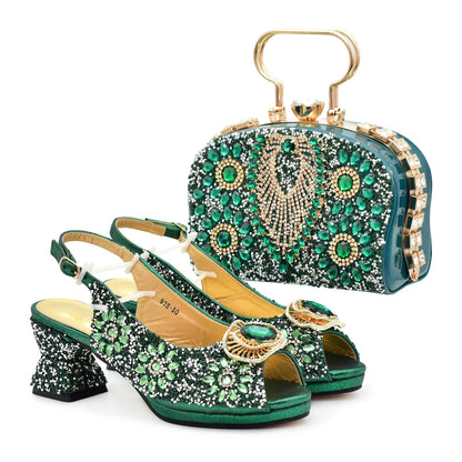 Popularity Peep Toe Heels for Women 2025 Elegant Party Full Diamond Pumps Italian Shoes and Bags Matching Set Bridal Shoes