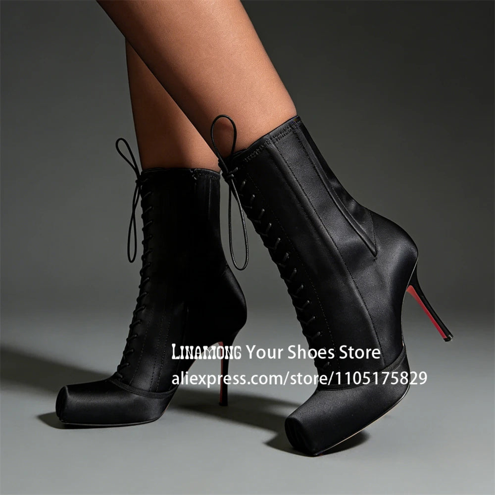 Crepe Square Toe Booties Novelty Designer Ballerina Style Ankle Boots Elegant Women's Stiletto Boots Custom Satin Leather Boots