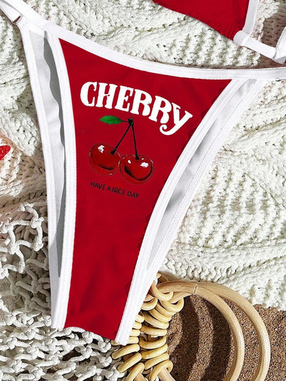 Cute Halter Bikini 3 Pieces Cherry Print 2026 Sexy & Fresh Feeling Bathing Suit Three-Piece Swimsuit Dark Blue Beach Swimwear