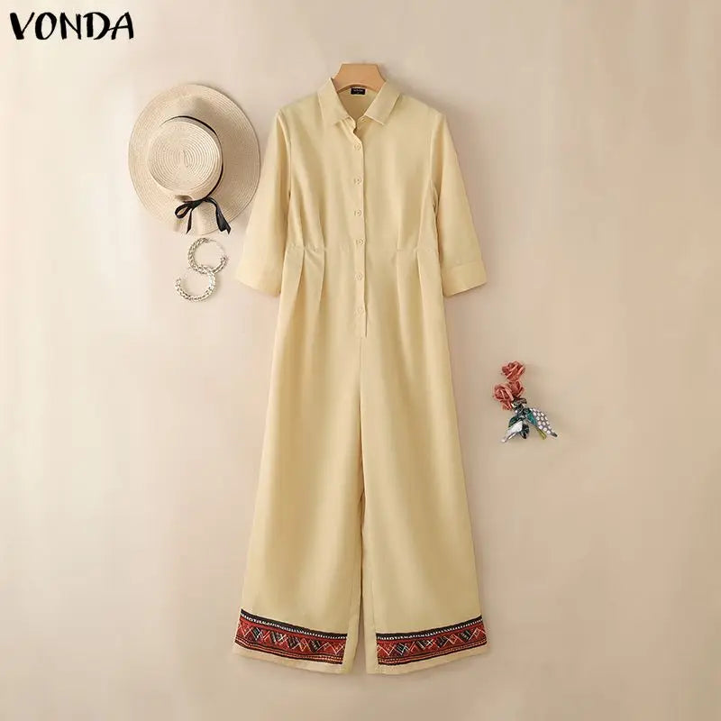 Casual Jumpsuits Plus Size VONDA 2026 Women Long Rompers Elegant Office Lady Overall Patchwork Loose Long Sleeve Playsuits