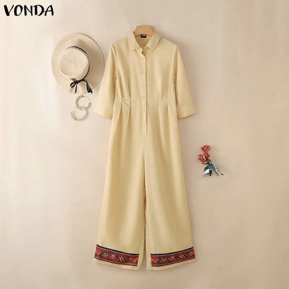 Casual Jumpsuits Plus Size VONDA 2026 Women Long Rompers Elegant Office Lady Overall Patchwork Loose Long Sleeve Playsuits