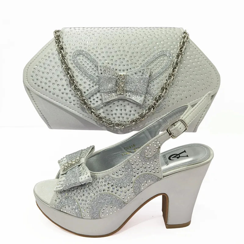 Newest Coming Pointed Toe Italian Design Italian Women Shoes Matching Bags in Silver Color for Wedding Nigerian Ladies Sandals