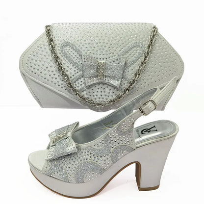 Newest Coming Pointed Toe Italian Design Italian Women Shoes Matching Bags in Silver Color for Wedding Nigerian Ladies Sandals