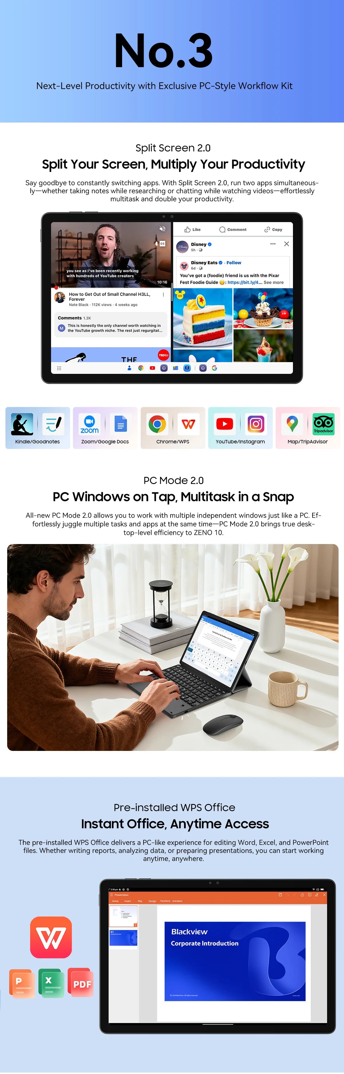 Blackview Zeno 10 5G AI Tablet 11-inch FHD+ 90Hz Display Widevine L1 UNISOC Tiger T8200 8800mAh Quad Speakers Android 15 Pad PC