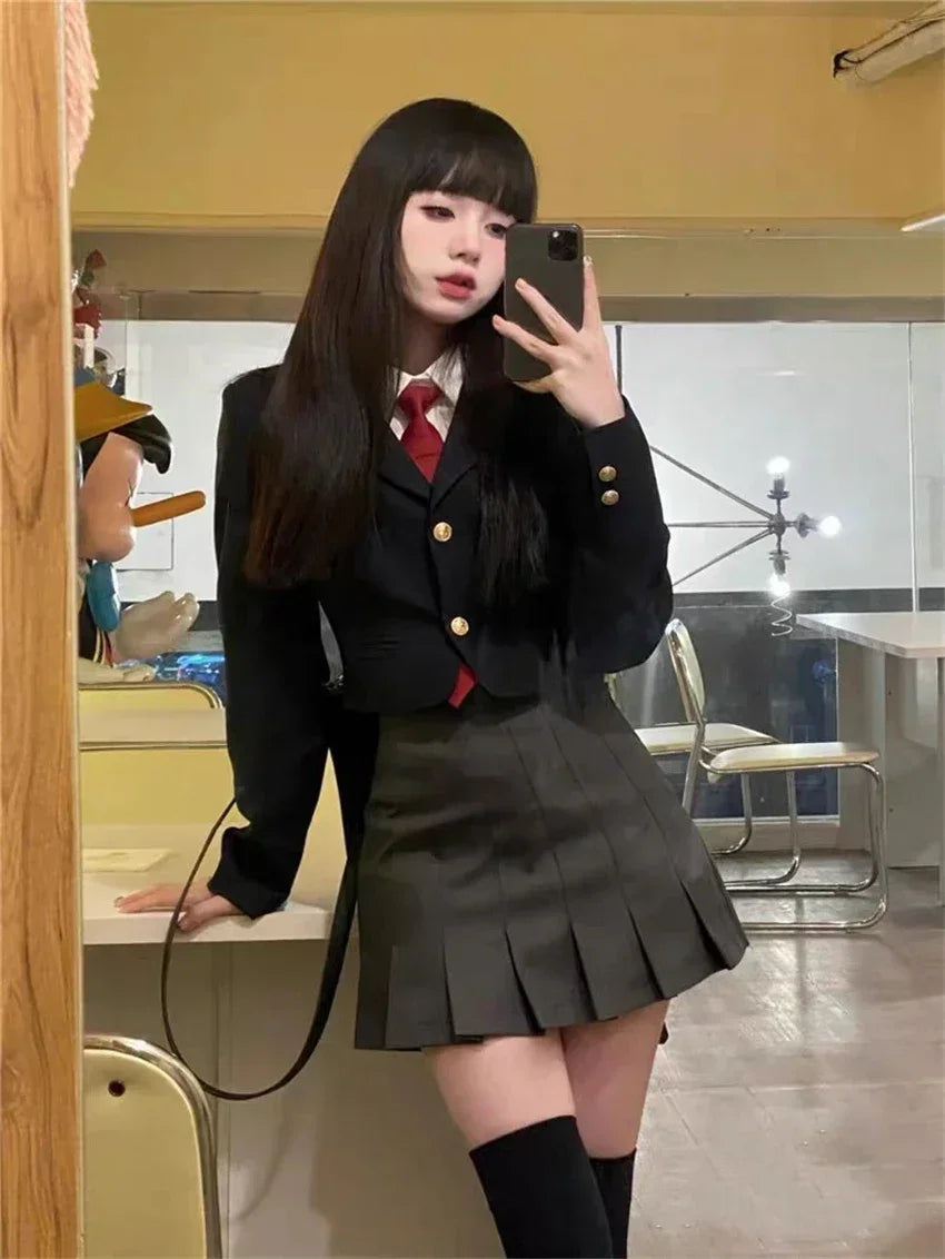 Daily Korean JK Uniform Set College Style Girls Short Suit Blazer Navy Coat Wrap Hip Skirt Tie Shirt Hot Girl Set Spring Autumn