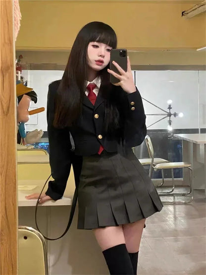 Daily Korean JK Uniform Set College Style Girls Short Suit Blazer Navy Coat Wrap Hip Skirt Tie Shirt Hot Girl Set Spring Autumn