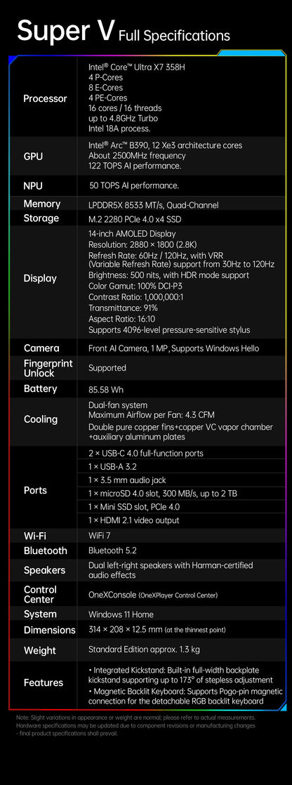 OneXPlayer Super V 2-in-1 Portable Gaming Tablet Laptop Intel Ultra X7 358H OLED Touch Screen Mini AI Workstation