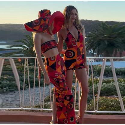 Colorful Print Backless Playsuit Women Sexy Halter Deep V-neck Sleeveless Ruffle Hem Jumpsuits Rompers Beach Holiday Bodysuits
