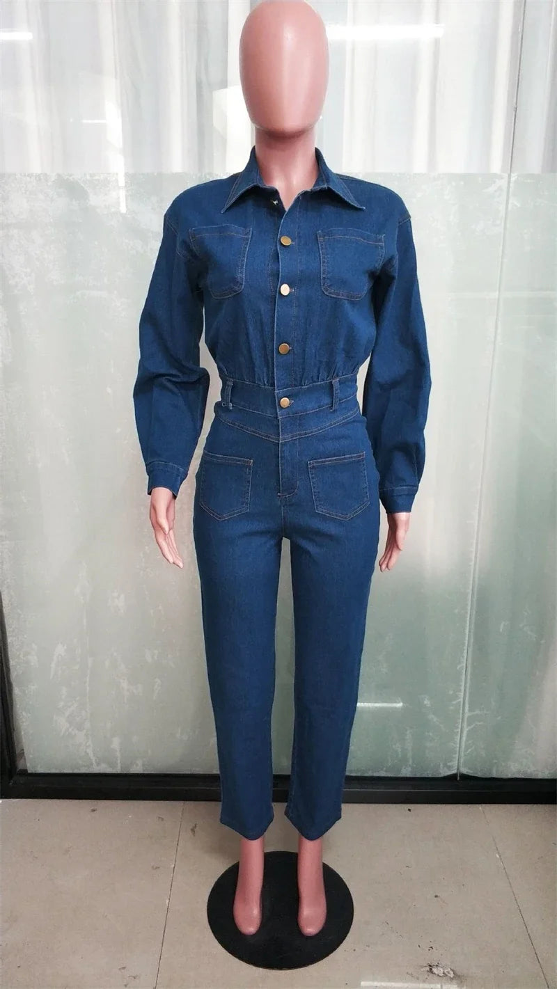 Streetwear Denim Jumpsuits Autumn Clothing Women Full Sleeve Button Up Jeans Long Rompers Playsuits One Pieces Overalls Outfits