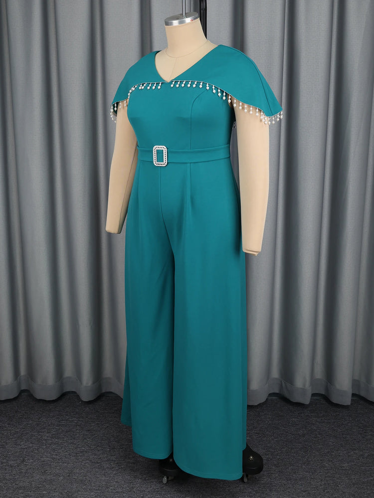 Stylish Women Jumpsuit Cloak Sleeve Beaded Trim Belted Waist Wide Leg Pants Elegant Formal Christmas Cocktail Evening Party Wear