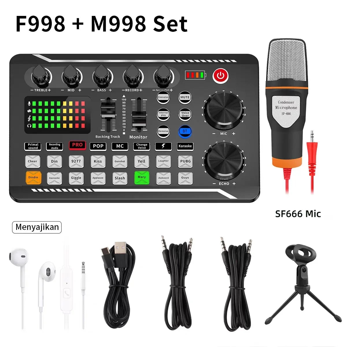 F998 Live Streaming Sound Card Kit Rechargeable Condenser Microphone With Stand Bluetooth Mixer For Streaming Recording