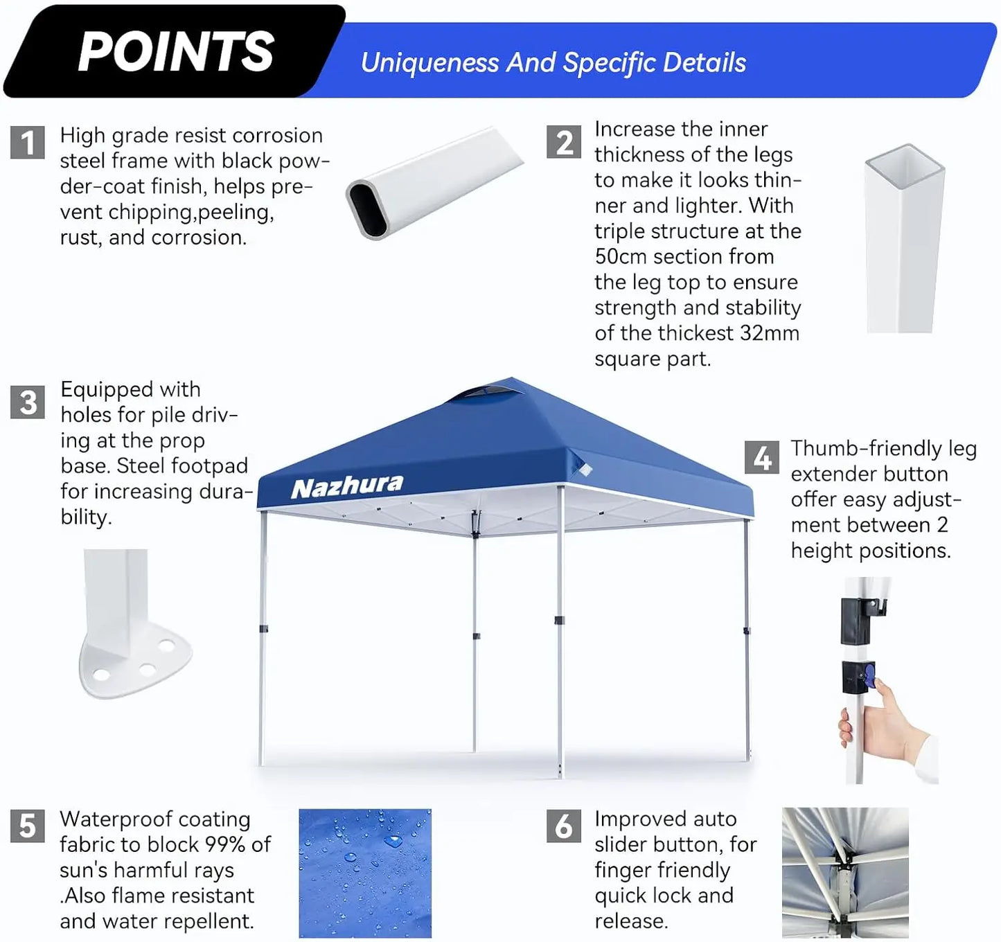10x10 Pop Up Canopy Tent w/ Sand Bag, Sun Shelter for Camping, One Person Setup, Height Adjustable, Blue