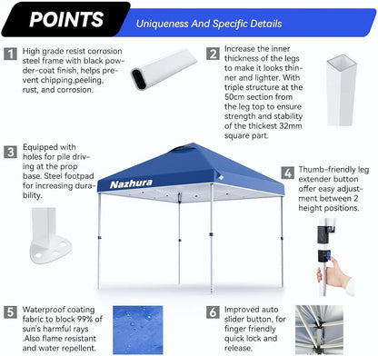 10x10 Pop Up Canopy Tent w/ Sand Bag, Sun Shelter for Camping, One Person Setup, Height Adjustable, Blue