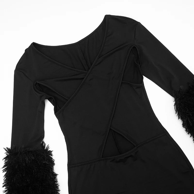 Weird Puss Cross Hollow Jumpsuit Women Sexy Fit Fur Patchwork Full Sleeve Workout Activity Streetwear Stretch Tight Overalls